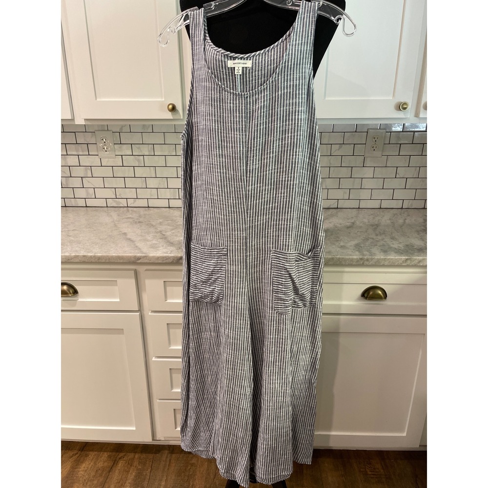 Max Studio Jumpsuit Women S Gray Stripe Linen Blend Wide Leg Sleeveless 1904L46